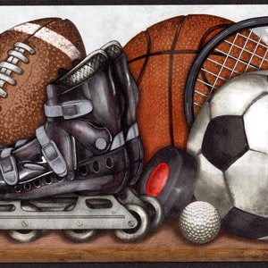 Bordo per carta da parati con palline sportive - Basket, football, baseball, calcio - Decorazione a tema sportivo - Decorazione da parete per cameretta dei bambini - 15 piedi x 10,25 pollici