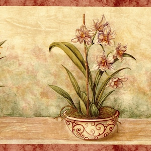 May include: Three potted plants with flowers in decorative pots. The plants are on a wooden shelf with a red and brown border. The flowers are purple, yellow, and pink.