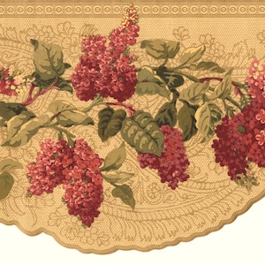 Carta da parati con bordo in oro smerlato vittoriano con linea dorata e ortensia rossa - Carta da parati verde oro - Bordo largo 8" - Decorazione murale floreale