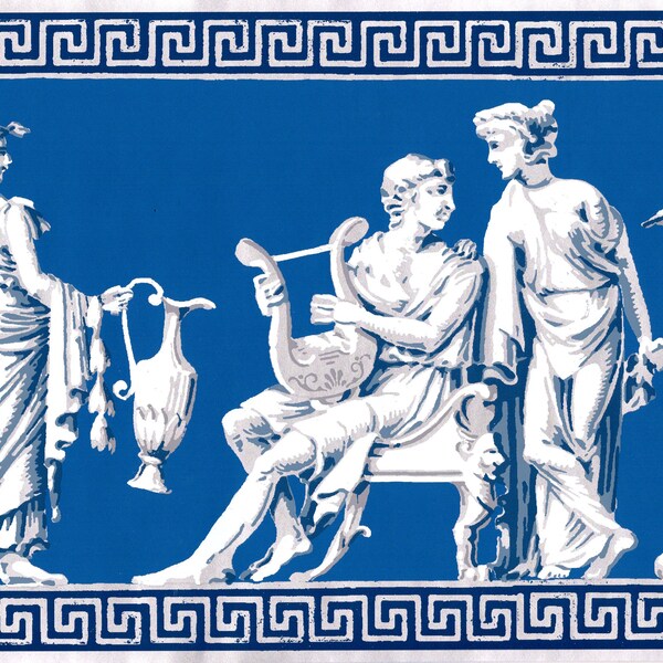 Designer Roman Greek Statues on Blue with Shiny Metallic Silver Greek Key Edge Wallpaper Border, Art Deco Border, 15 ft x 10.25 in.