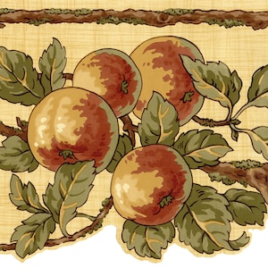 May include: A vintage-style wallpaper border featuring a repeating pattern of red and yellow apples with green leaves on a beige background. The apples are arranged on a brown branch with moss.
