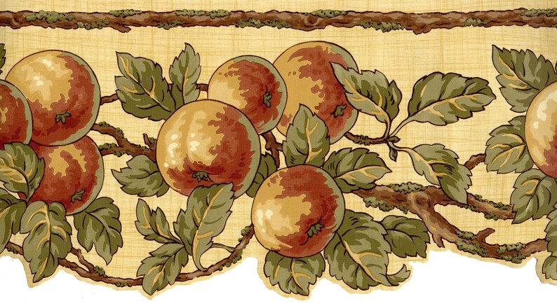 May include: A vintage-style wallpaper border featuring a repeating pattern of red and yellow apples with green leaves on a beige background. The apples are arranged on a brown branch with moss.