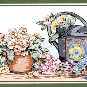 Flower Garden Wallpaper Border, Country Flower Pot Watering Can on Shelf Wallpaper Border, Garden Wallpaper Border, Kitchen Wallpaper Border