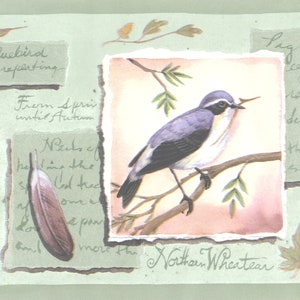 Country Blue bird Garden Wallpaper Border | Northern Wheatear,  | Blue Green Wallpaper | Wallpaper Border | 6.87&quot; Wide Wall Border