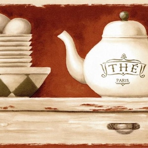 French Country Kitchen Wallpaper Border 6.87 Inch – Teapot & Dish Café Design for Farmhouse Decor, Pre-Pasted Easy Install