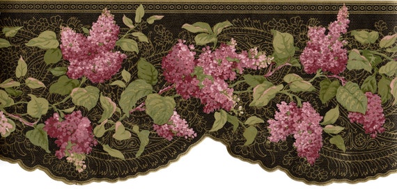 Victorian Floral Wallpaper Border 8 Inch , Pink Lilac on Black and Gold Line with Scalloped Edge Design, Pre-Pasted Vintage Home Decor