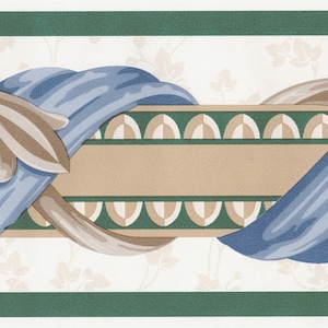 Scroll Leaf Wallpaper Border, Vintage Blue with Swirl Brown Leaf Wallpaper Border, Traditional Swag Architectural Wallpaper Borders