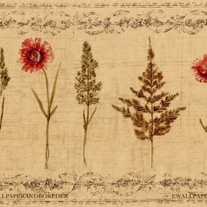 May include: A vintage style wallpaper border with a repeating pattern of stylized flowers and leaves in shades of red, brown, and green on a beige background. The border includes the text "E WALLPAPER AND BORDER".