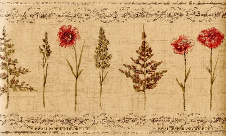 May include: A vintage style wallpaper border with a repeating pattern of stylized flowers and leaves in shades of red, brown, and green on a beige background. The border includes the text "E WALLPAPER AND BORDER".