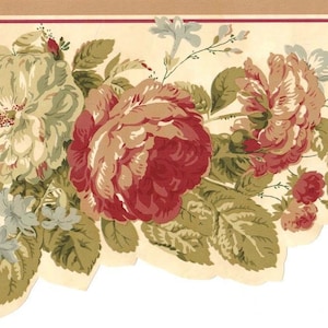 Bordo per carta da parati con rose smerlate, motivo floreale bordeaux e crema con fogliame verde, decorazione da parete vintage, 15 piedi x 6,7 pollici