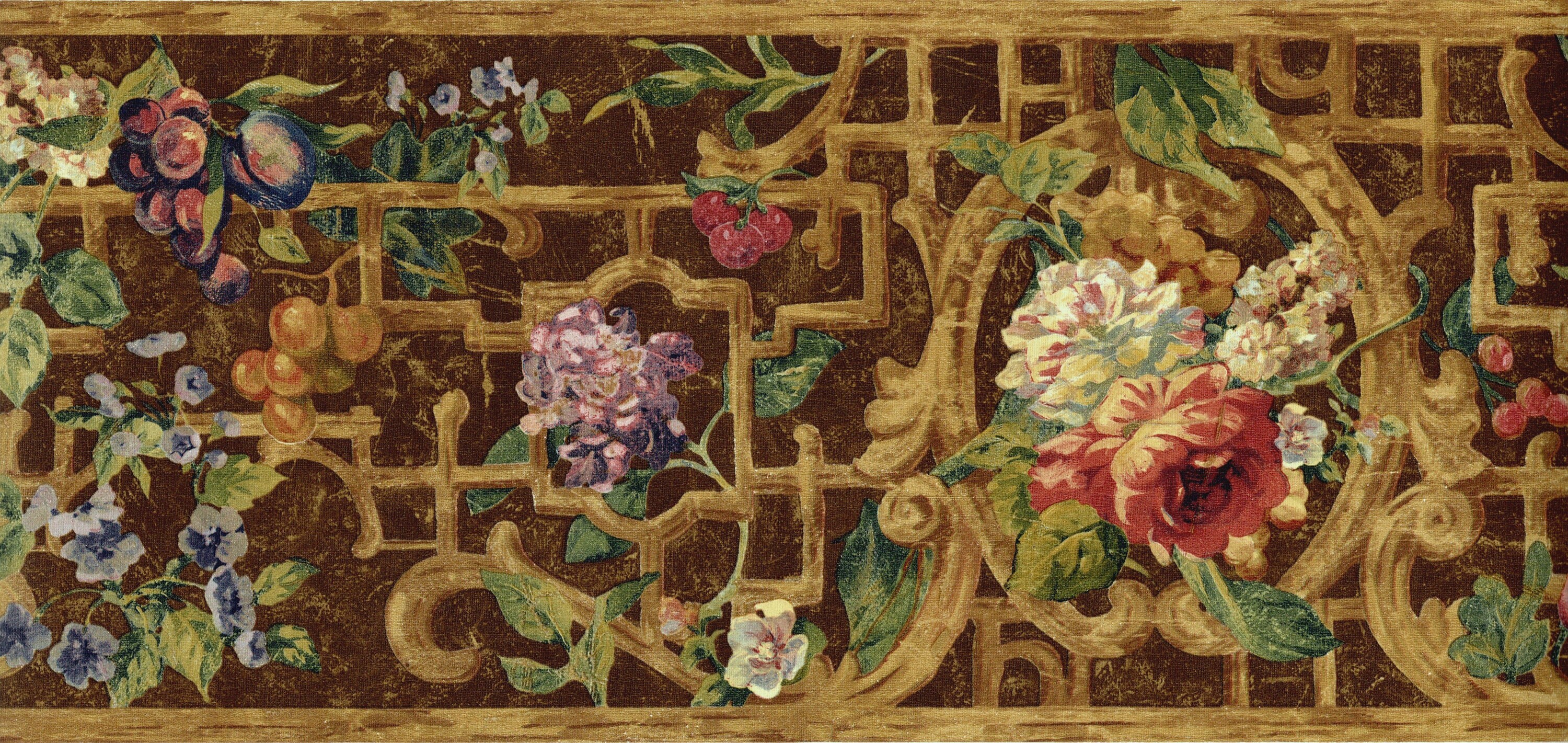 Vintage Floral Wallpaper Border - Cabbage Red Rose With White & Purple ...