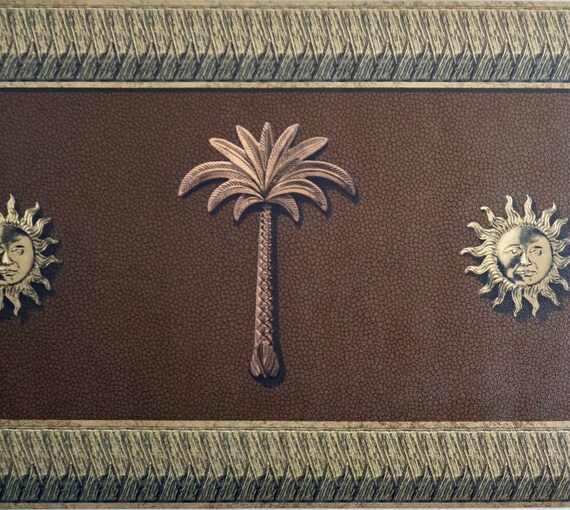 Textured Wallpaper Border,Embossed,Sun Medallion Art Deco Palm Tree,White Leather Looking,Gold Wall Decor Brown,Metallic Home Decor