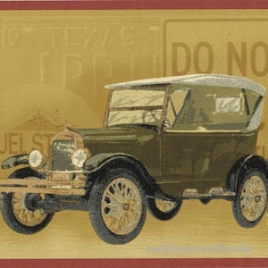 May include: A vintage green car with a black top and a wooden steering wheel. The car is driving down a road with a sign that says "Do Not Block Intersection".