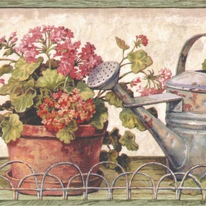 Borde de papel tapiz para jardín con macetas de 7 pulgadas, diseño de jardinería campestre, macetas, regaderas, vallas y jardinería ecológica.