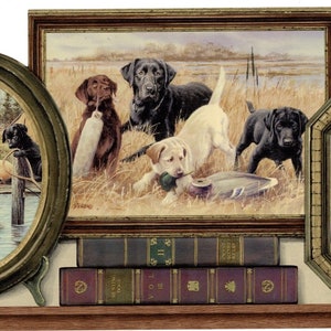 Vintage Picture frame of Dogs and Puppy in the country farm on Rustic wooden shelf die-cut Wallpaper Border, Pre-pasted, 15 ft x 10 in.