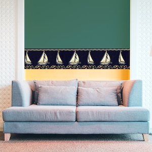 Ralph Lauren Home Designer Sail Boat Coastal Nautical Wallpaper Border - Navy Blue Wall Border - Pre-pasted 9&quot; Wide Border