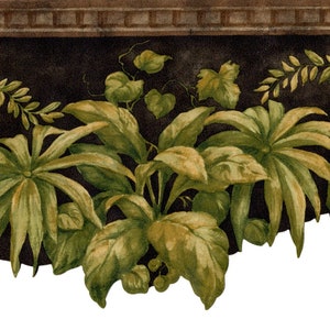 Puede incluir: Un papel tapiz de borde de hojas tropicales verde y marrón con un fondo marrón oscuro.