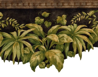 Tropical Leaves Wallpaper Border, Green Foliage on Black with Brown Architectural Trim for Living Room Wall Decor, Pre-pasted, 15' x 5.5"