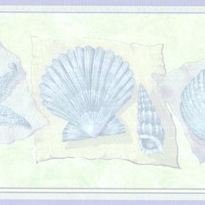 May include: A decorative border featuring various seashells in shades of blue and white, including a starfish, scallop shell, and conch shell. The design is set against a light yellow and green background with a lavender border.