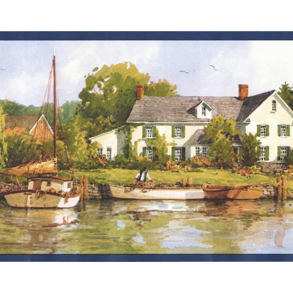 Country Living Lake Houses Boats Scenic Romantic Backyard Garden Wallpaper Border - Green, Blue, Brown - 15' x 6.875"