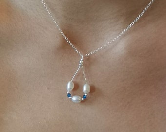 Drop Pearls pendant, pearls, silver pendant, pearl pendant, white pearls, crystals, Swarovsky Crystals, Blue crystals