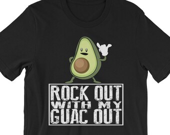 Funny Avocado Shirt | Rock Out With My Guac Out Funny Vegan Shirt | Keto Shirt | Cinco de Mayo Guacamole Shirt for Super Bowl Parties
