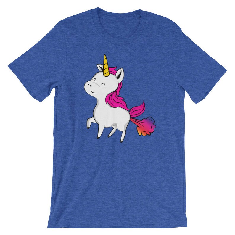 May include: A blue t-shirt with a cartoon unicorn with a rainbow colored tail farting.