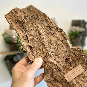 May include: A brown, textured, rock-like wall hanging with a black wire hanger and a small brown tag that says "potahto."