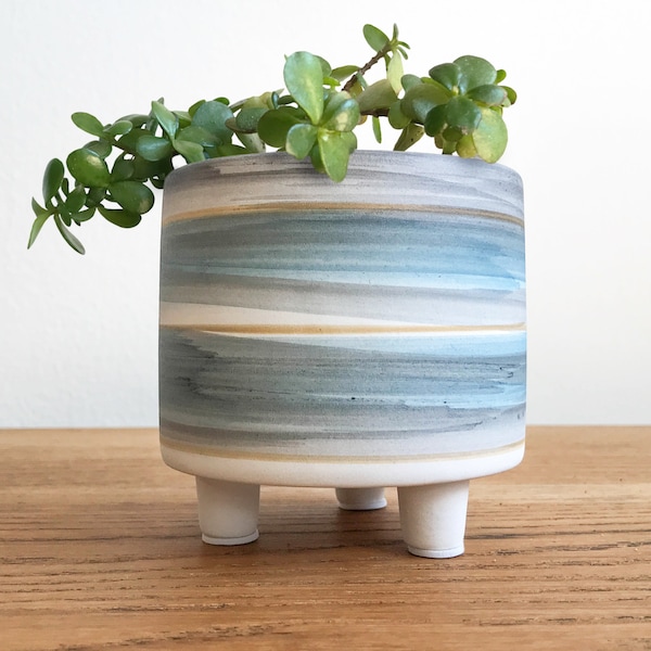 Plant Pot, Indoor Planter, Ceramic Succulent Pot, Blue Gray Striped Footed Cache, Small Cute Cactus Planter 3.5", Small with Feet, Tabletop