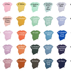 May include: A chart of 35 different coloured t-shirts, each with a number and a description of the colour. The colours include white, pink, yellow, mint, ice blue, light blue, asphalt, cream, peach, mustard, dusty blue, heather blue, dark grey heather, dust, lilac, orange, leaf, ocean blue, true royal, brown, ash, burnt orange, forrest, steel blue, midnight navy, black heather, athletic heather, orchid, autumn, army, deep teal, and navy.