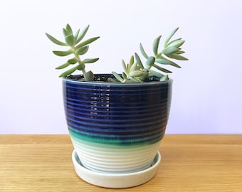 Planter with Saucer and Drainage, Ceramic Plant Pot, 5 Inch Cactus Pot, Blue Pot for Indoor Plant, Tabletop Succulent Pot, Ribbed Tri Color