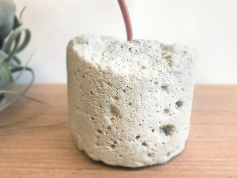 May include: A white concrete planter with a rough, textured surface. The planter has a round shape and is perfect for displaying small plants or flowers.