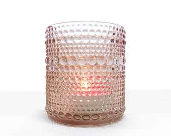 Pink Votive Glass Holder, Tabletop Decor, Candle Display Centerpiece, 2.5" Flower Vase Wedding, Blush Cup Glassware, Tea Light, Hobnail Dots