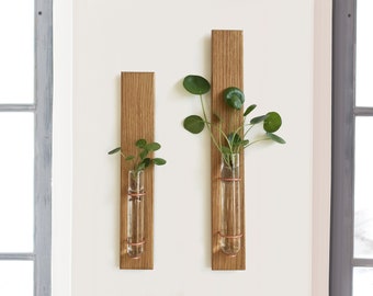 Propagation Wall Hanging, Propagating Glass Vase, Wall Bud Vase, Test Tube, Mounted Planter, Handcrafted Plant Decor, Oak Wood Hanging Gift