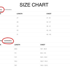 May include: Size chart for clothing with measurements in inches and centimetres. The chart shows sizes XS, S, M, L, and XL with corresponding chest and length measurements.