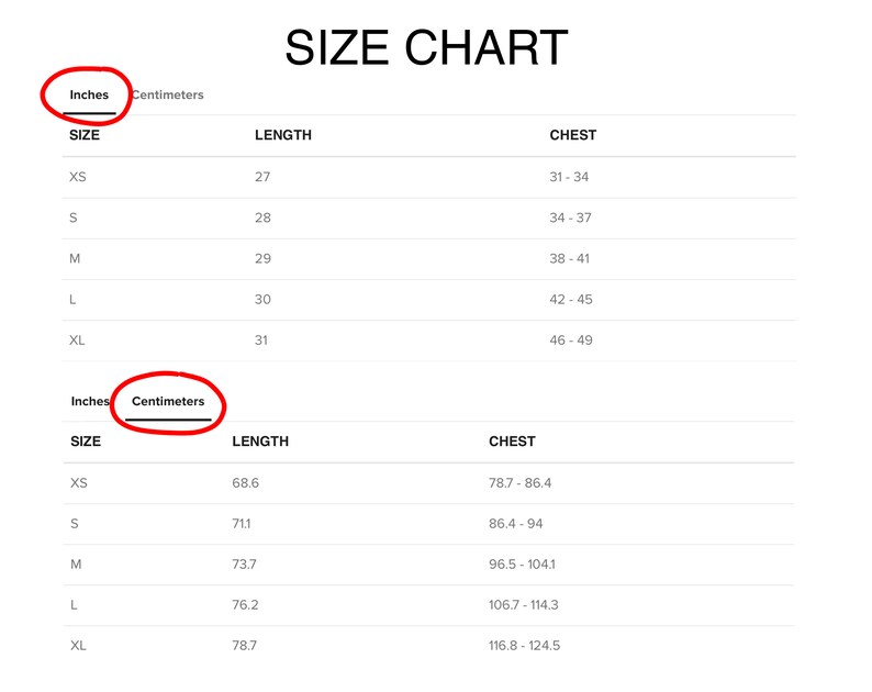 May include: Size chart for clothing with measurements in inches and centimetres. The chart shows sizes XS, S, M, L, and XL with corresponding chest and length measurements.