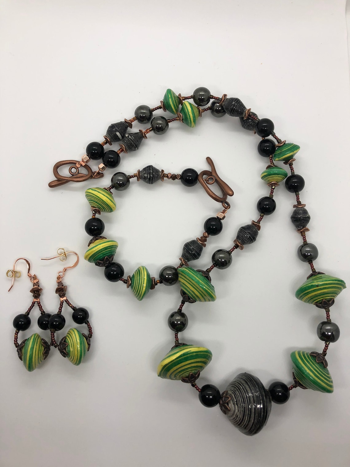 Uganda Paper Beads in Green/yellow Black/white With Onyx Etsy