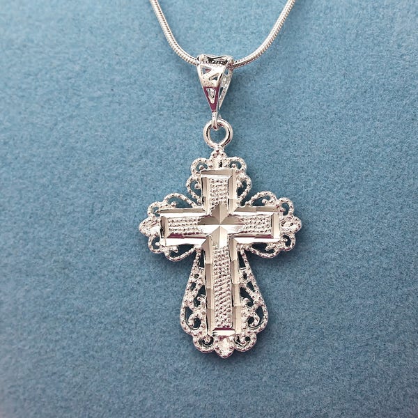 Sterling Silver Diamond Cut Filigree Cross Pendant Necklace. Best Holidays Gift!