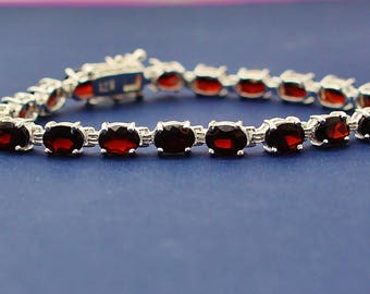 925 Sterling Silver Genuine Oval Cut Garnet Gemstone  Bracelet, 925 Sterling Silver Bracelet,  Bracelet Gift for Her, 925 Silver Bracelet