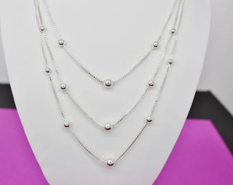 Sterling Silver Bead Strands Necklace. Best Holidays Gift!