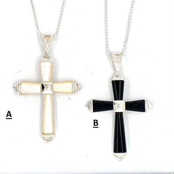 Sterling Silver Cross Pendant | Option A) Mother of Pearl Cross Pendant | Option B)  Black Onyx Cross Pendant Necklace | 925 Sterling Silver