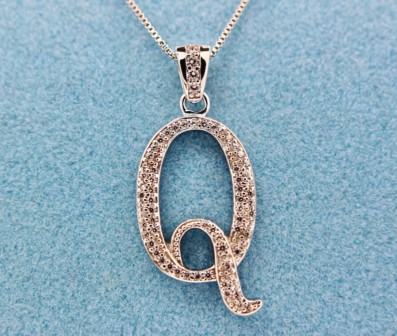 Sterling Silver Rhodium Plated White Diamond Monogram Letter Q Pendant Necklace White Diamond 925 Sterling Silver Rhodium plating