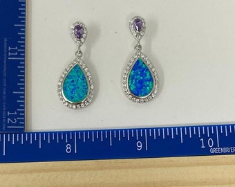 Sterling Silver French Wire Dangling Blue Opal w/ Amethyst Teardrop Earrings | 925 Sterling Silver| Blue Opal | Amethyst | Gifts For Her