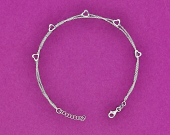 925 Sterling Silver Anklet, Double Strand Heart Anklet, 925 Silver Anklet, Anklet Gift for Her, 925 Anklet Silver, Adjustable 10 Inch Anklet