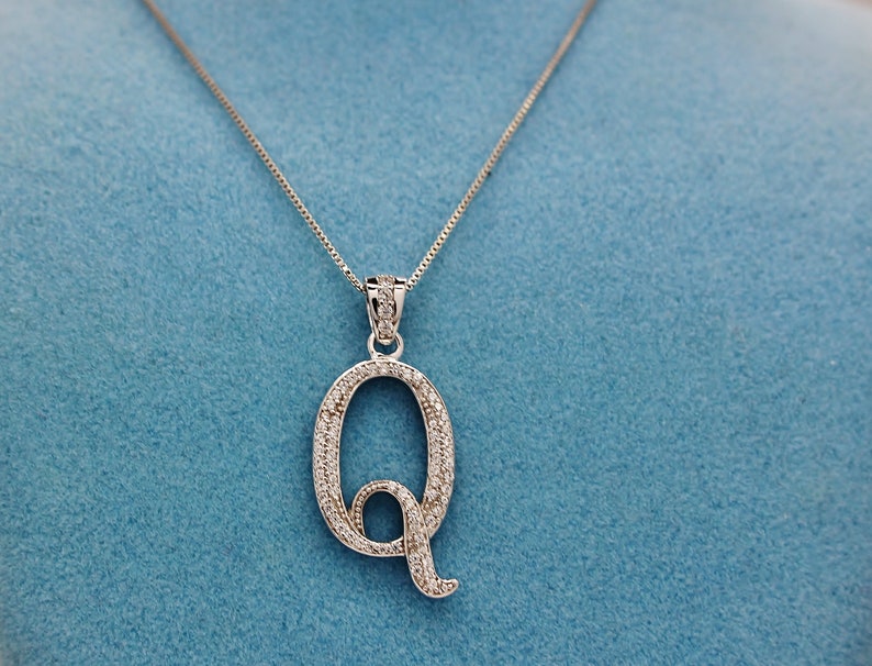 Sterling Silver Rhodium Plated White Diamond Monogram Letter Q Pendant Necklace White Diamond 925 Sterling Silver Rhodium plating