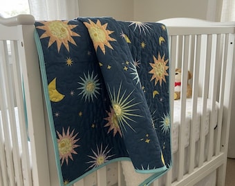 Handmade Moon/Stars/Sun Modern Baby Quilt/Playmat 35x40
