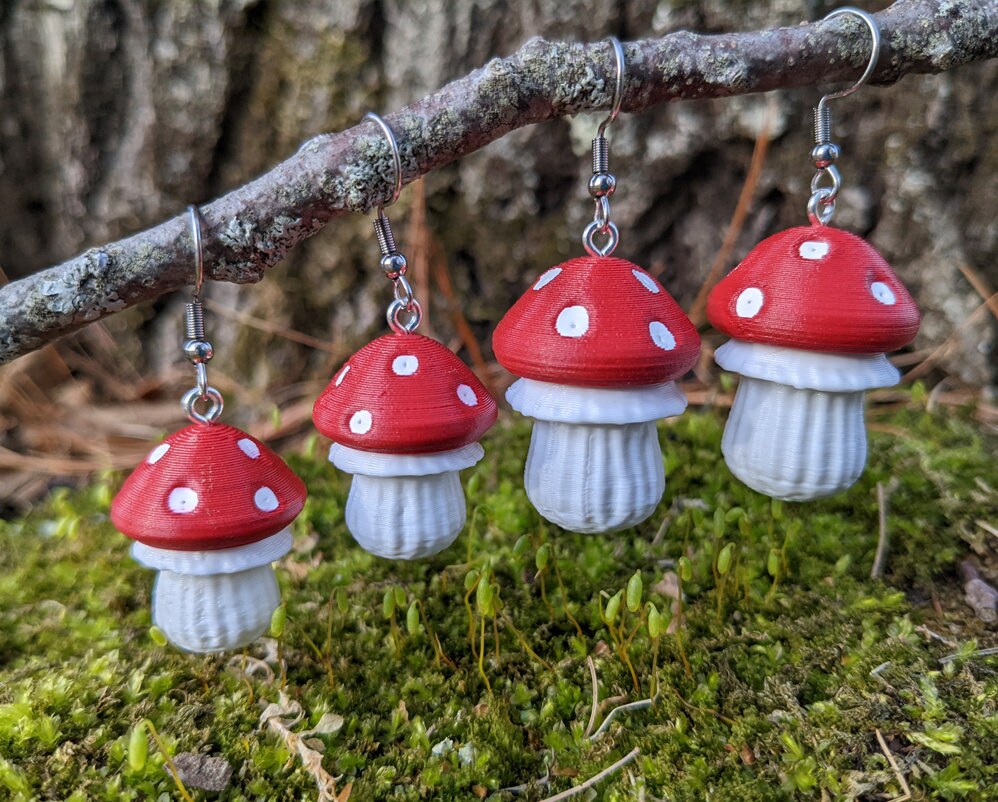 A small hand painted mushroom box with matching earrings.