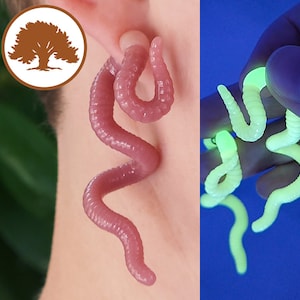 Puede incluir: Un par de pendientes en forma de gusano de color rosa. Los pendientes están hechos de un material flexible y están diseñados para parecer gusanos reales. Los pendientes se muestran en una imagen de primer plano, con un pendiente puesto en la oreja de una persona y el otro pendiente mostrado en una mano.