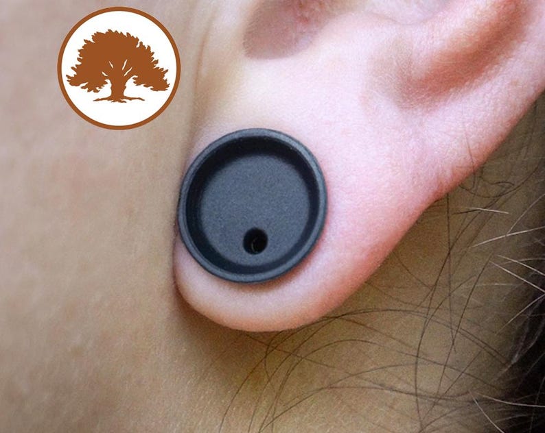 May include: A black circular ear gauge plug with a small hole in the center.