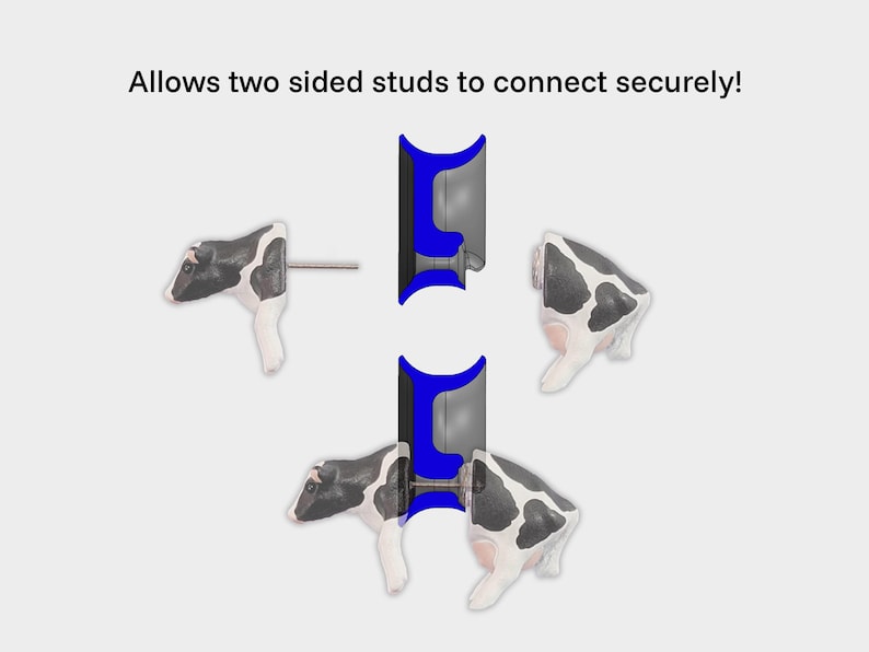 May include: Two black and white cow figurines with a blue connector piece in the middle. The connector piece allows the two figurines to connect securely.  Allows two sided studs to connect securely!